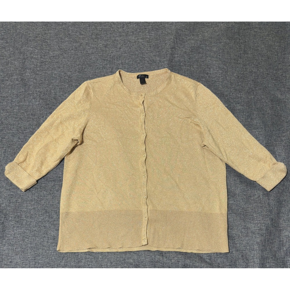 Nue Options Plus Women 2X Cardigan Sweater Gold Metallic Shimmer Button Front
